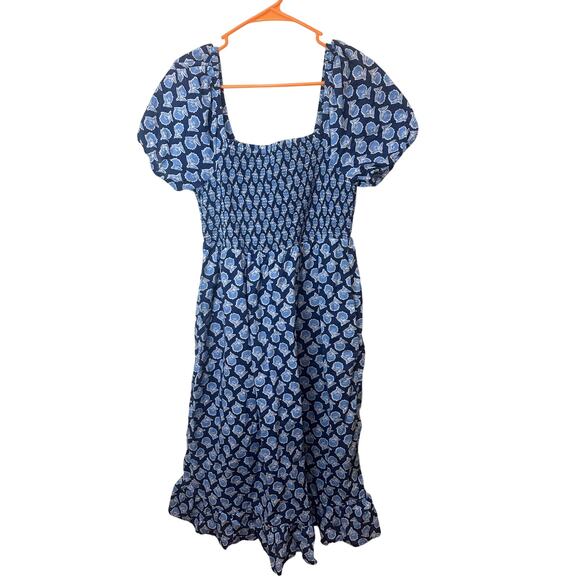 J.Crew Smocked Midi Dress Sz M Cotton Blue Floral Puff Sleeves Nice! - Picture 2 of 7